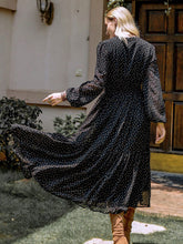 Embroidered Polka Dot Tie Neck Long Sleeve Midi Dress OutfitFlow